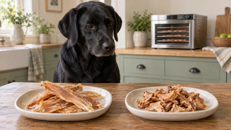 Dog beside trays of whole-cut and smaller dried chicken treats in a bright kitchen