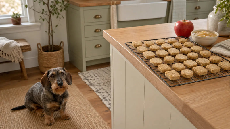 Wirehaired Dachshund waiting while apple-oat dog biscuits cool on a kitchen counter