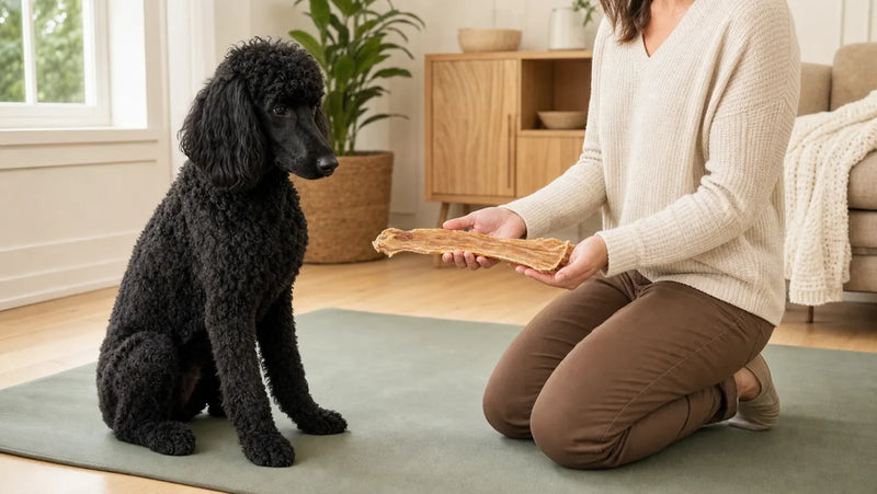 Owner supervising a Standard Poodle before offering a long beef tendon