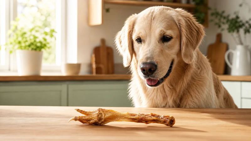 Happy dog with a safe dehydrated chicken treat instead of bones
