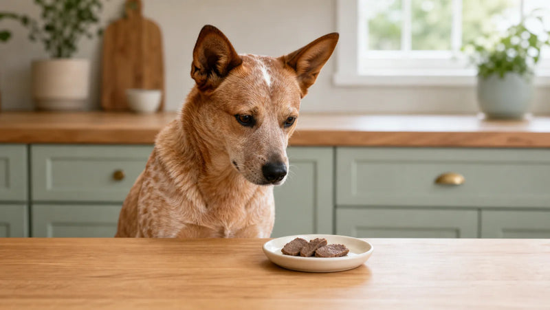 Red Australian cattle dog beside a small dish of plain cooked chicken gizzard