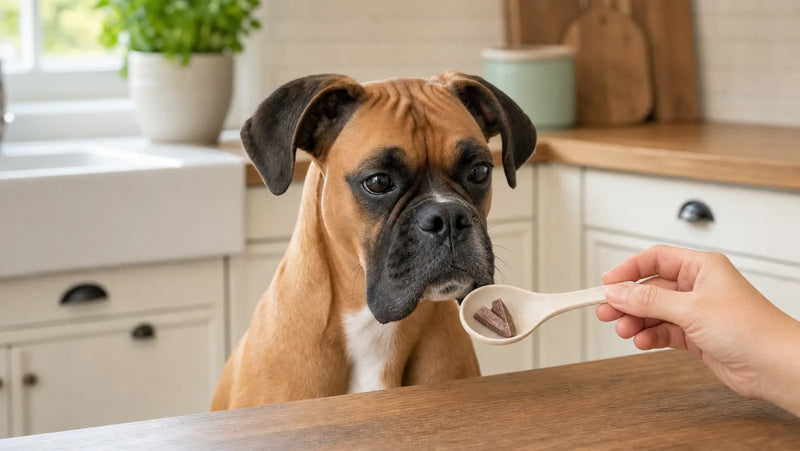 Fawn boxer sniffing a small piece of plain cooked chicken heart