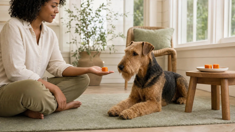 Airedale Terrier waiting beside one small plain cooked sweet-potato cube