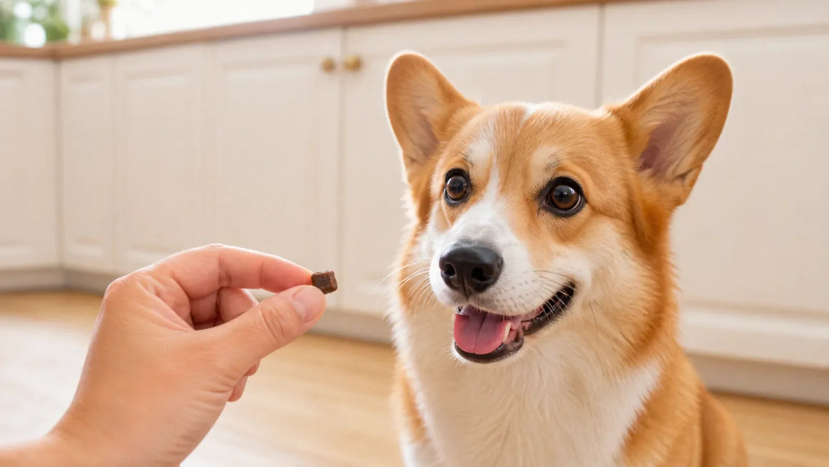 Corgi being offered a freeze-dried beef liver training treat