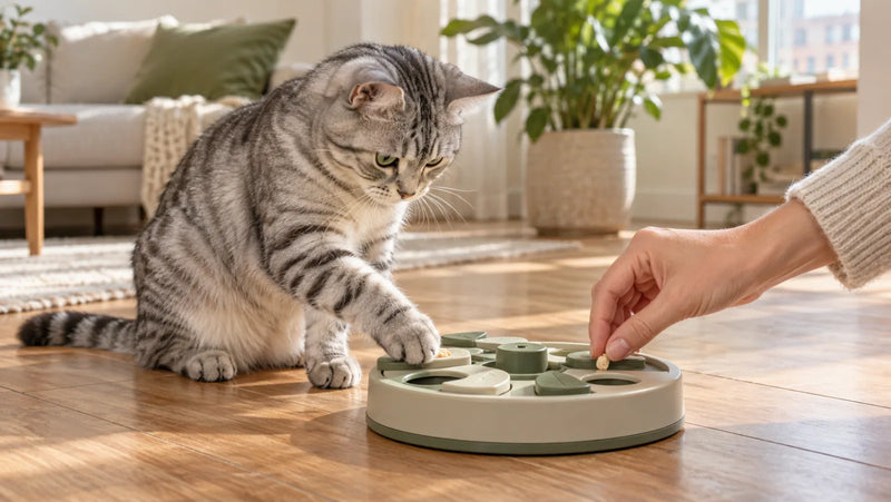 Indoor silver tabby using a food puzzle with a measured portion of tiny cat treats