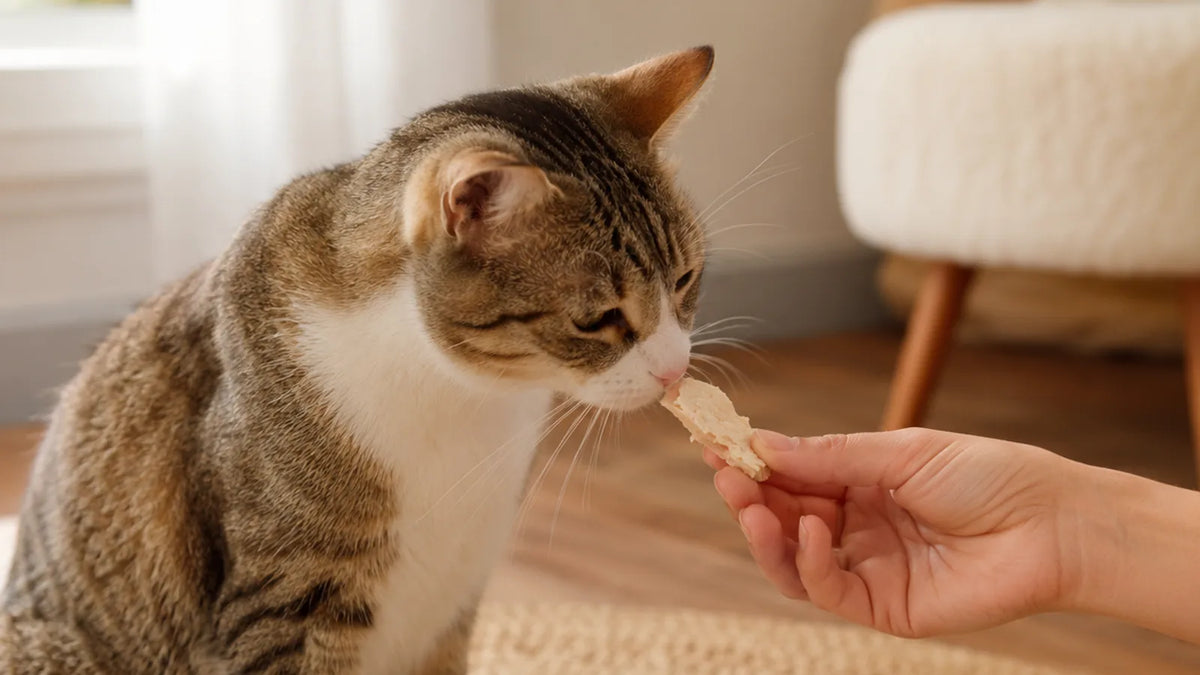 Cat being offered a small freeze-dried chicken treat
