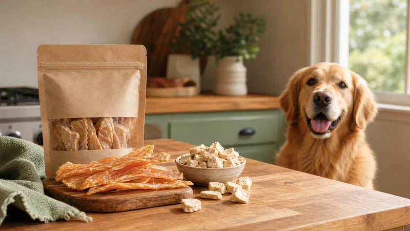 Single-ingredient dog treats with chicken jerky and freeze-dried bites in a warm kitchen