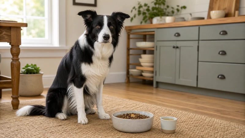 Border Collie waiting beside kibble topped with a small amount of plain bone broth