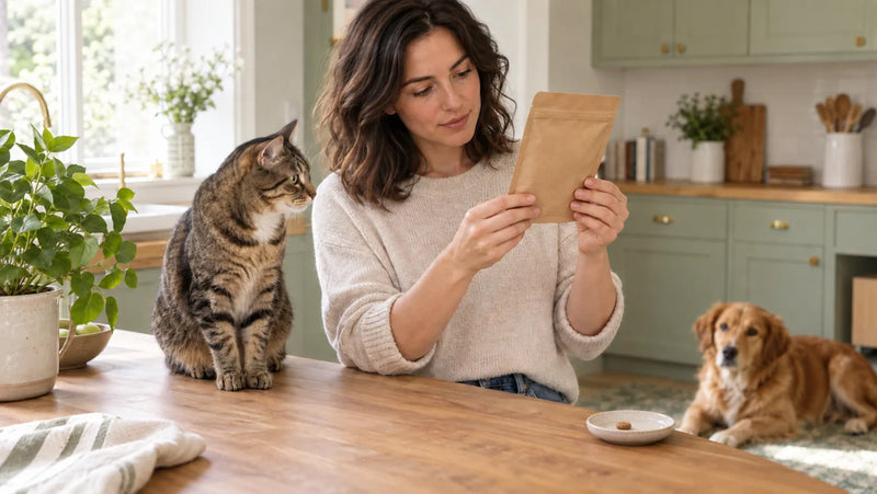 Cat owner checking a dog treat package before sharing with a tabby cat