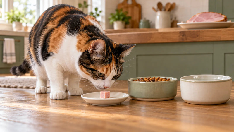 Calico cat sniffing one tiny plain cooked ham piece beside complete cat food and fresh water