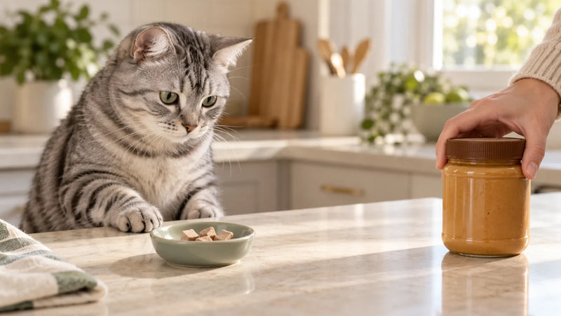 Gray tabby cat offered meat-based treats while a closed peanut butter jar is moved out of reach