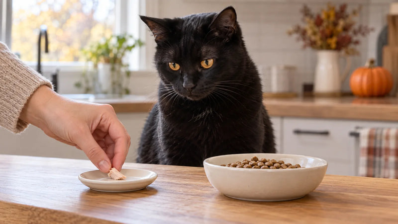 Black cat beside a measured meal and one tiny plain cooked turkey shred