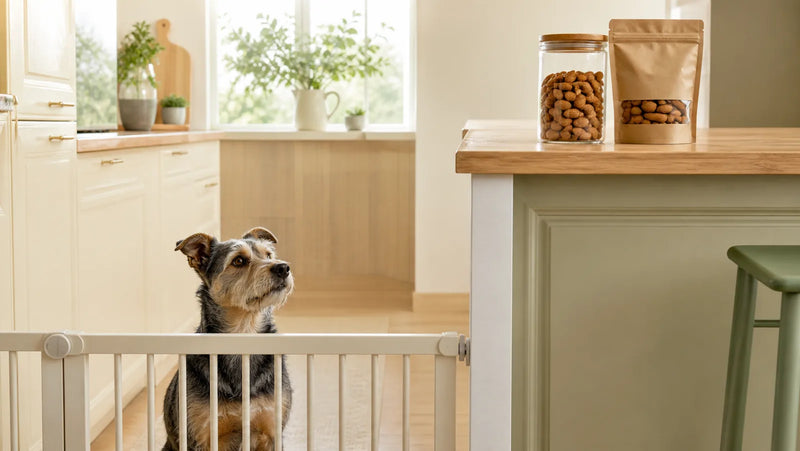 Small mixed-breed dog behind a gate while plain and flavored almonds are stored out of reach