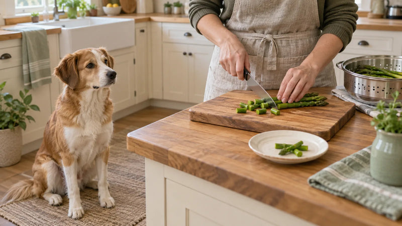 Plain cooked asparagus being cut into small pieces while a dog waits nearby