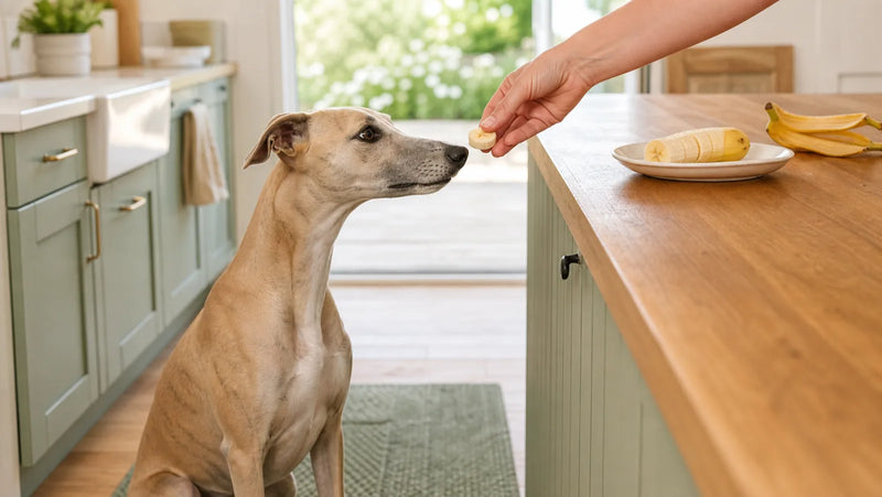 Fawn whippet sniffing a small peeled banana piece in a kitchen