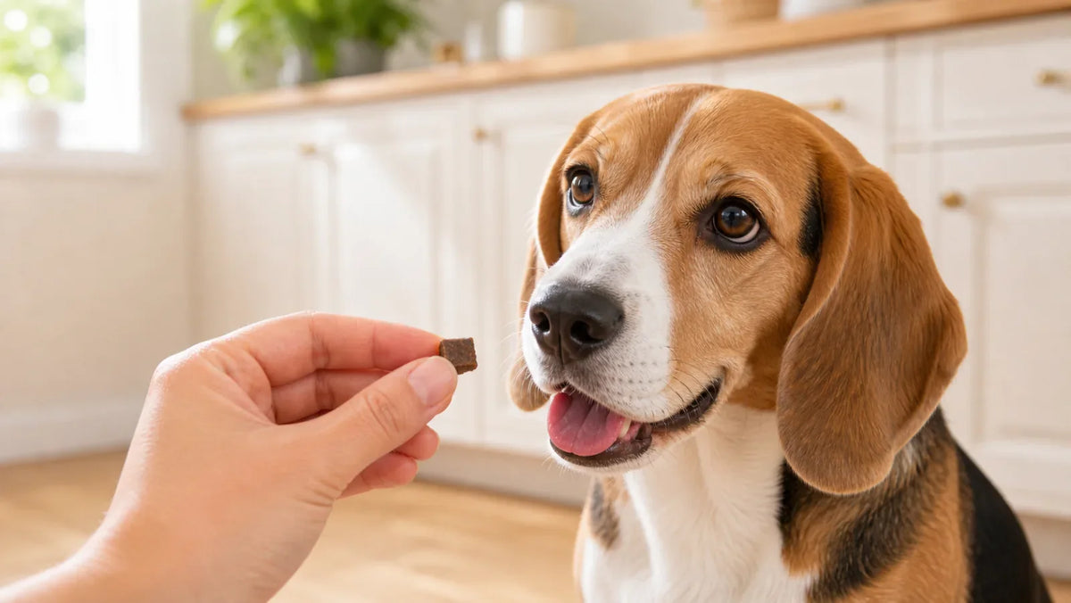 Beagle being offered a freeze-dried beef liver treat in a kitchen