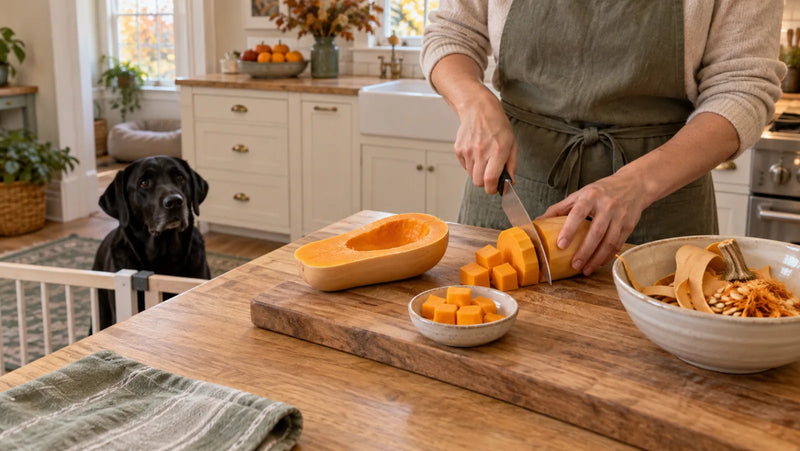 Owner preparing peeled seedless butternut squash while a Labrador waits away from the kitchen work area