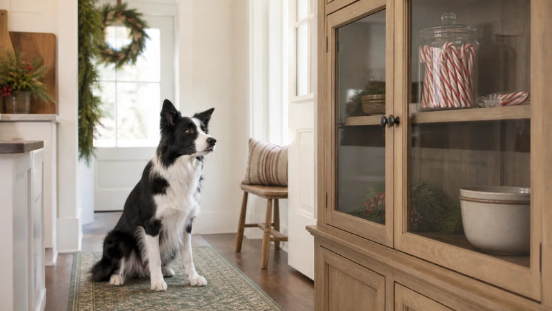 Border Collie waiting while candy canes stay sealed inside a high closed cabinet