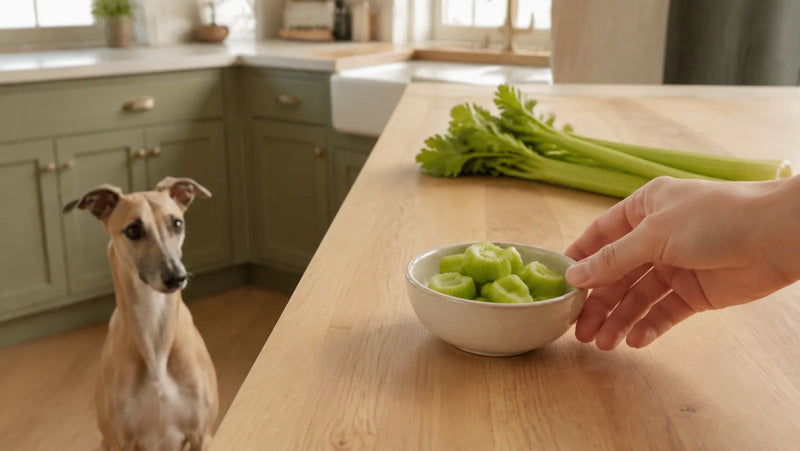 Whippet waiting while small cross-cut celery pieces are prepared on a kitchen counter