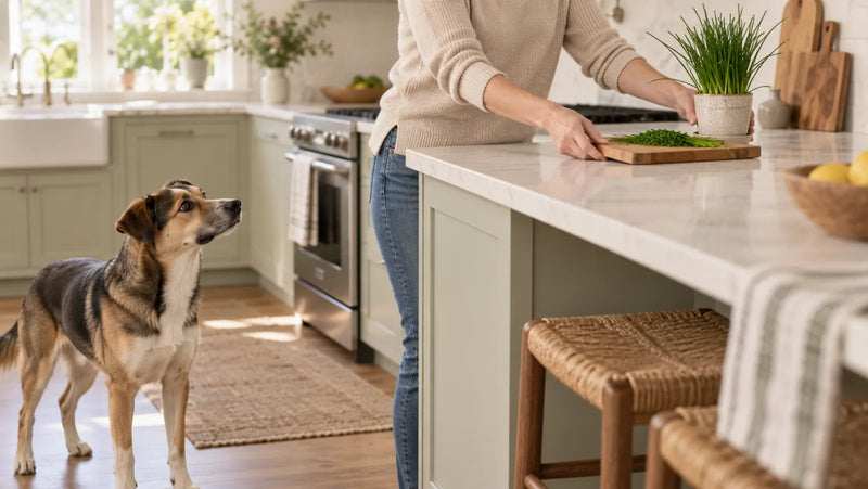Owner moving fresh chives out of reach of a curious dog in a kitchen