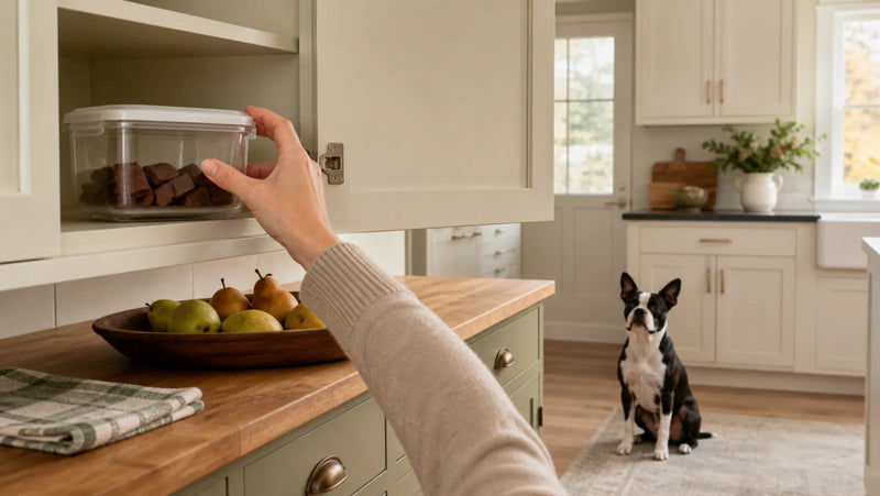 Boston Terrier kept away while chocolate is stored in a high kitchen cabinet