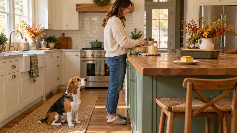Beagle sitting beside a kitchen island while plain cornbread stays out of reach