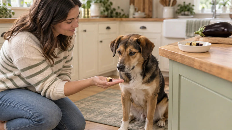 Dog receiving one tiny piece of plain cooked eggplant from a pet parent
