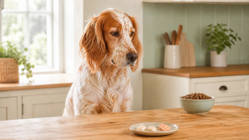 English Setter waiting behind three small pieces of plain cooked boneless fish
