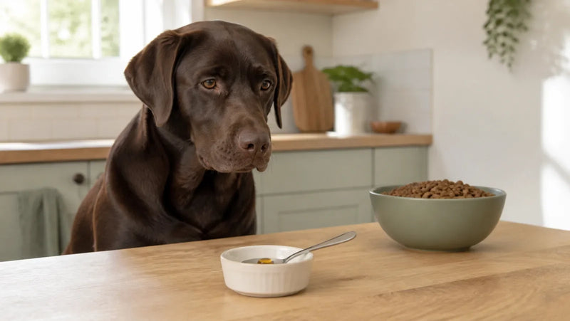 Chocolate Labrador waiting behind a tiny measured drop of plain honey beside regular dog food
