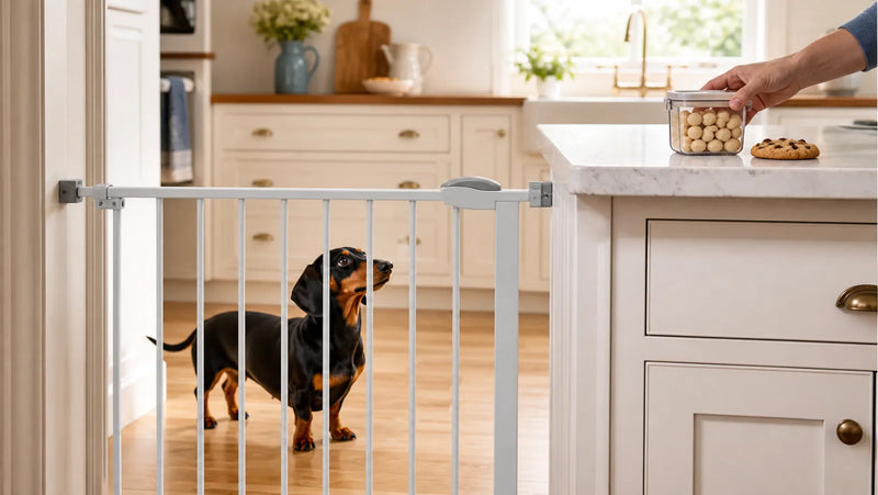 Black-and-tan Dachshund kept behind a gate while macadamia nuts and a chocolate-chip cookie are sealed away