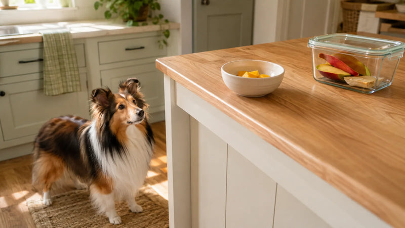 Shetland Sheepdog waiting below a counter while peeled mango pieces are kept separate from the peel and pit