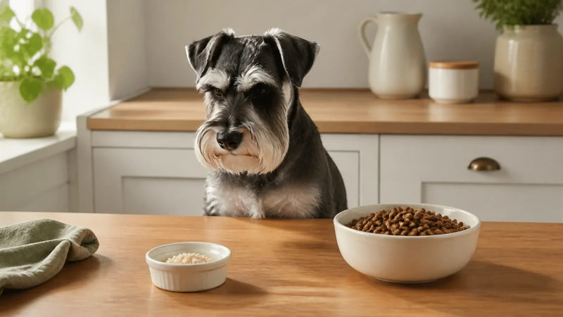 Miniature Schnauzer waiting behind a small bowl of plain cooked oatmeal beside regular dog food