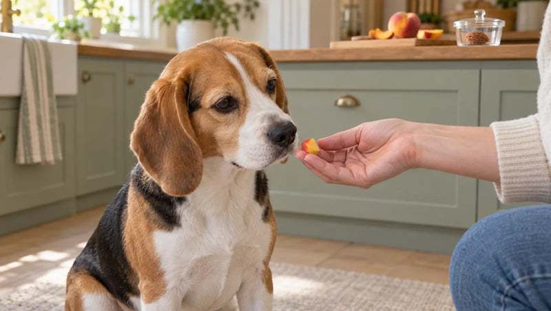Beagle receiving one tiny piece of ripe peach flesh while the pit stays out of reach