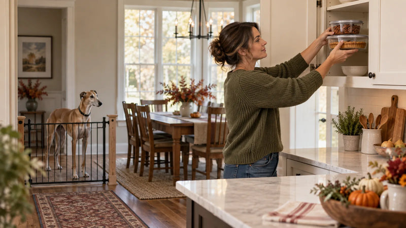 Caregiver storing pecans and pecan pie away from a greyhound behind a pet gate