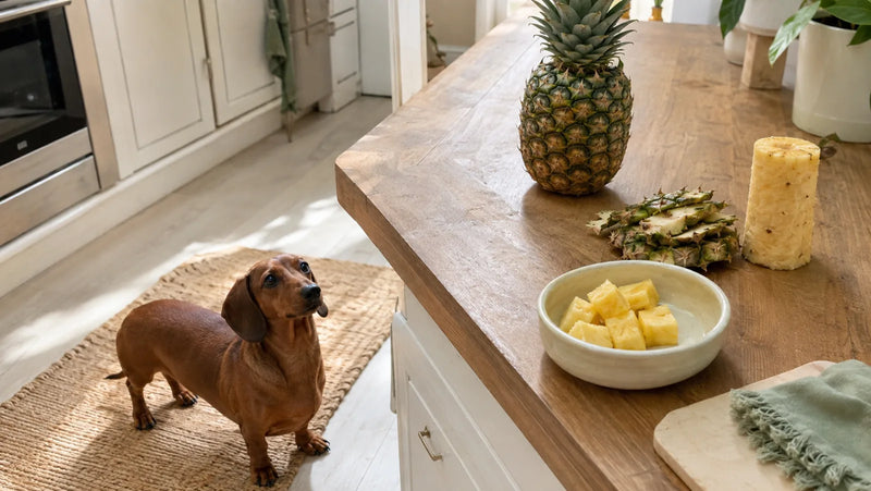 Dachshund waiting below a counter while peeled pineapple pieces are prepared away from the skin and core