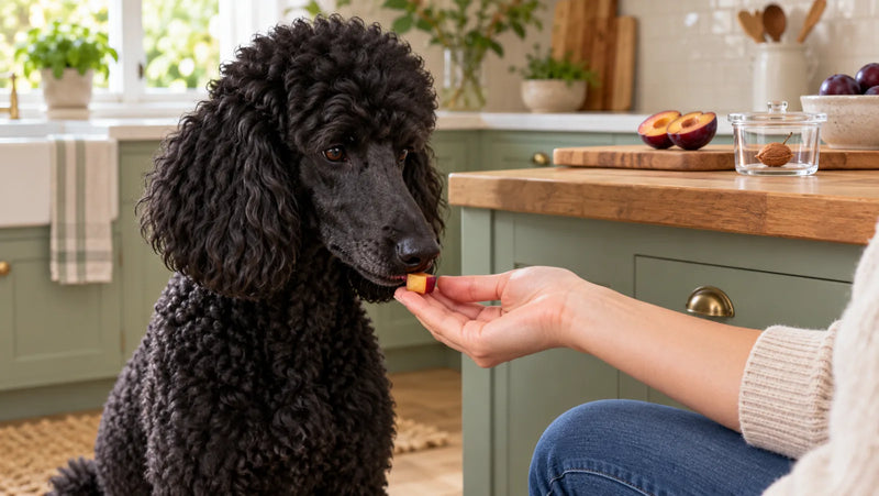 Black standard poodle receiving one tiny piece of ripe plum flesh while the pit stays secured out of reach