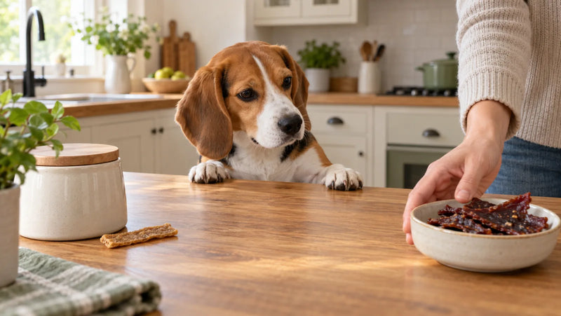 Beagle watching as a dish of seasoned human pork jerky is moved out of reach