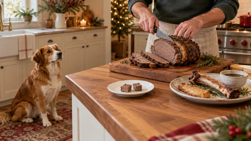 Dog waiting away from a holiday counter while plain lean prime rib is separated from fat, bone and au jus