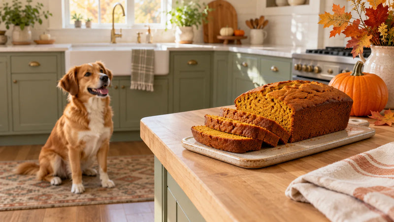 Sliced pumpkin bread on a high kitchen counter while a dog waits away from the food