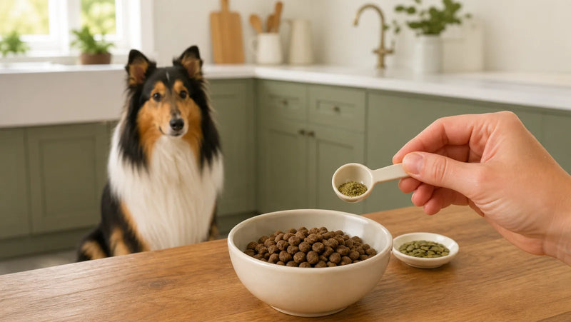 Rough Collie watching a tiny spoonful of ground plain pumpkin seeds beside dog food