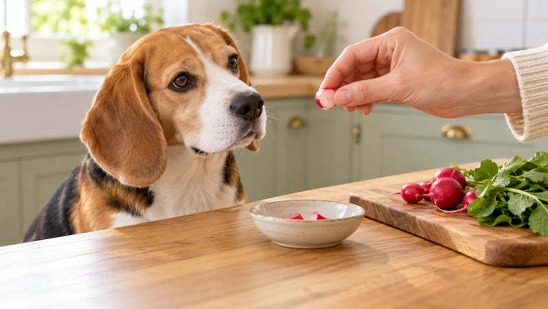 Beagle watching an owner hold one small plain cooked radish piece in a bright kitchen