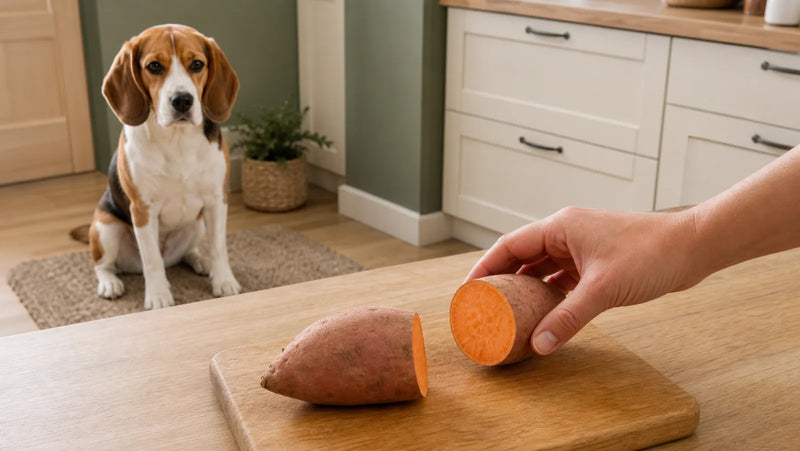 Beagle watching as a raw sweet potato is moved out of reach