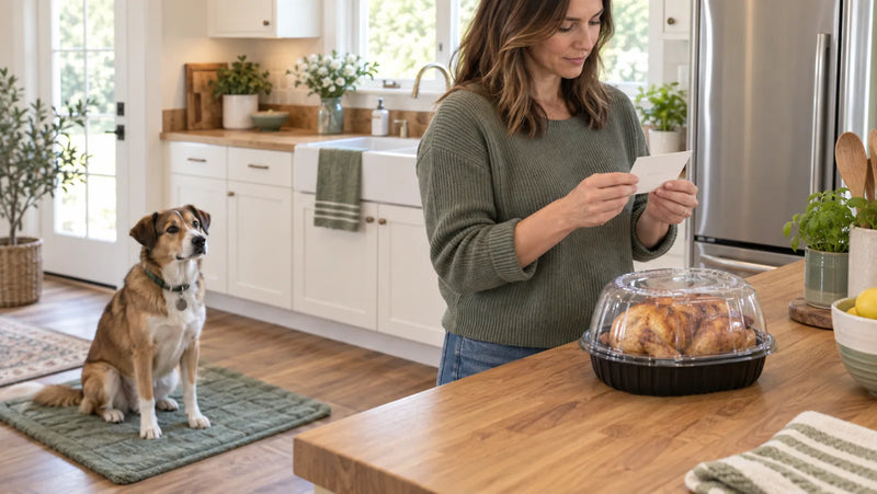 Dog waiting away from a covered rotisserie chicken while an adult checks the ingredient information