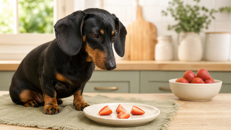 Black-and-tan dachshund beside a small plate of hulled strawberry pieces