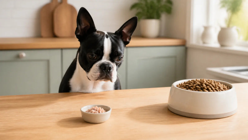Boston Terrier waiting behind a tiny serving of plain water-packed tuna flakes