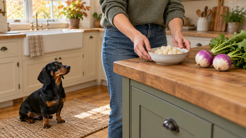 Dachshund sitting below a counter with plain cooked turnip cubes and fresh turnips