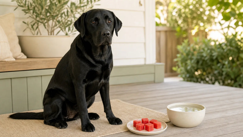 Black Labrador beside seedless watermelon cubes and a bowl of fresh water