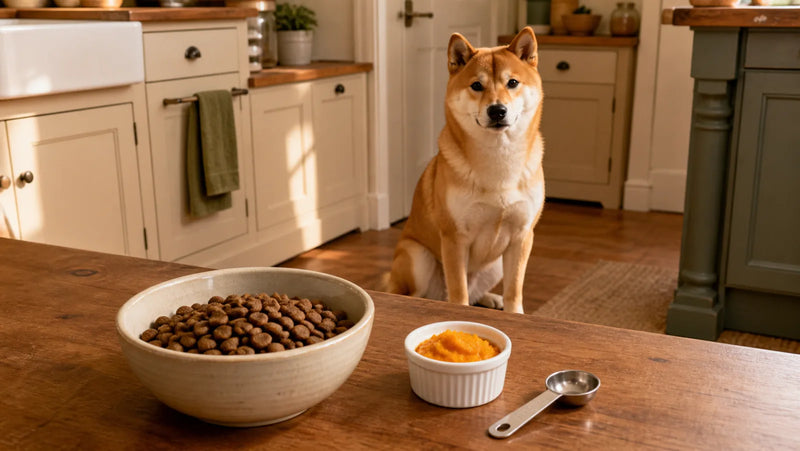 Shiba Inu waiting behind a bowl of dog food and a measured spoonful of plain sweet potato
