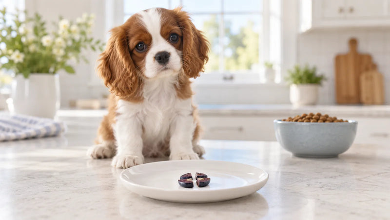 Small puppy waiting behind a plate with one blueberry flattened into tiny pieces