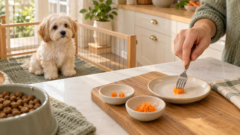 Havanese puppy waiting while an adult tests plain soft carrot beside tiny cooked and grated portions